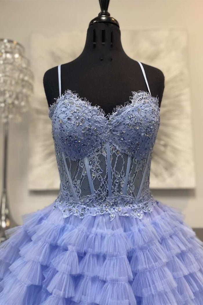 Periwinkle Lace Sweetheart Tiered Long Prom Dress with Ruffles