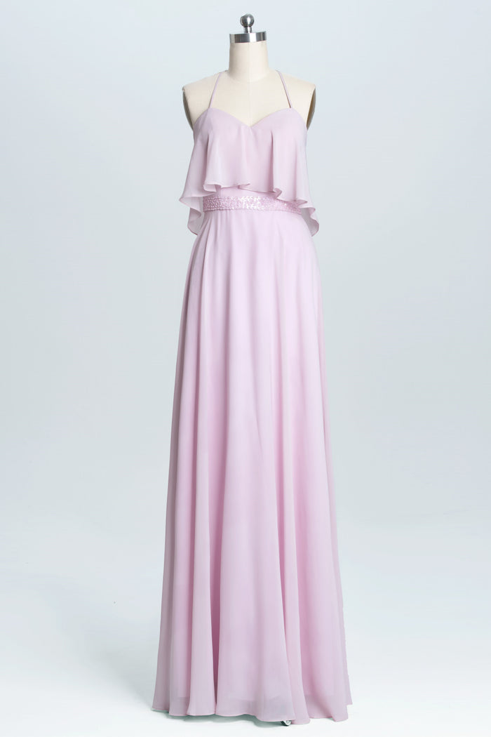 Pink Straps Flounce Chiffon A-line Long Bridesmaid Dress