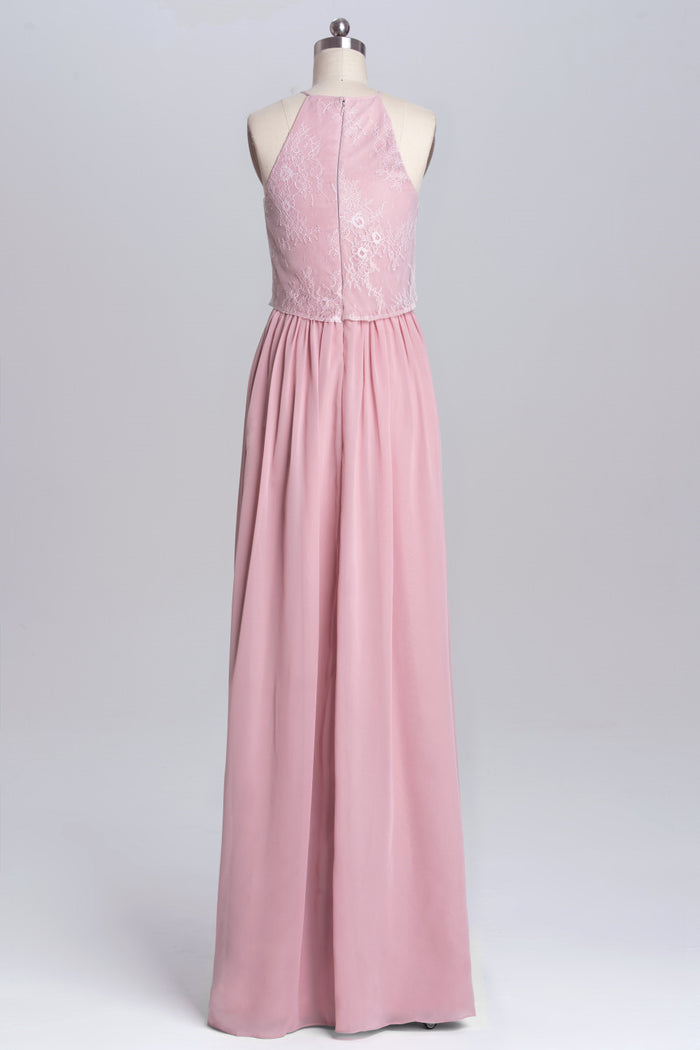 Straps Pink Lace Flounce A-line Long Bridesmaid Dress