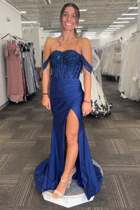 Navy Beaded Off-the-Shoulder Long Formal Dress with Slit