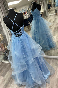 Blue Floral Appliques Lace-Up Tiered A-Line Prom Dress