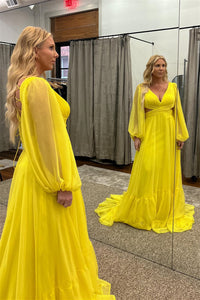 Yellow Chiffon A-line V Neckline Long Sleeves Lace-Up Back Long Prom Dress