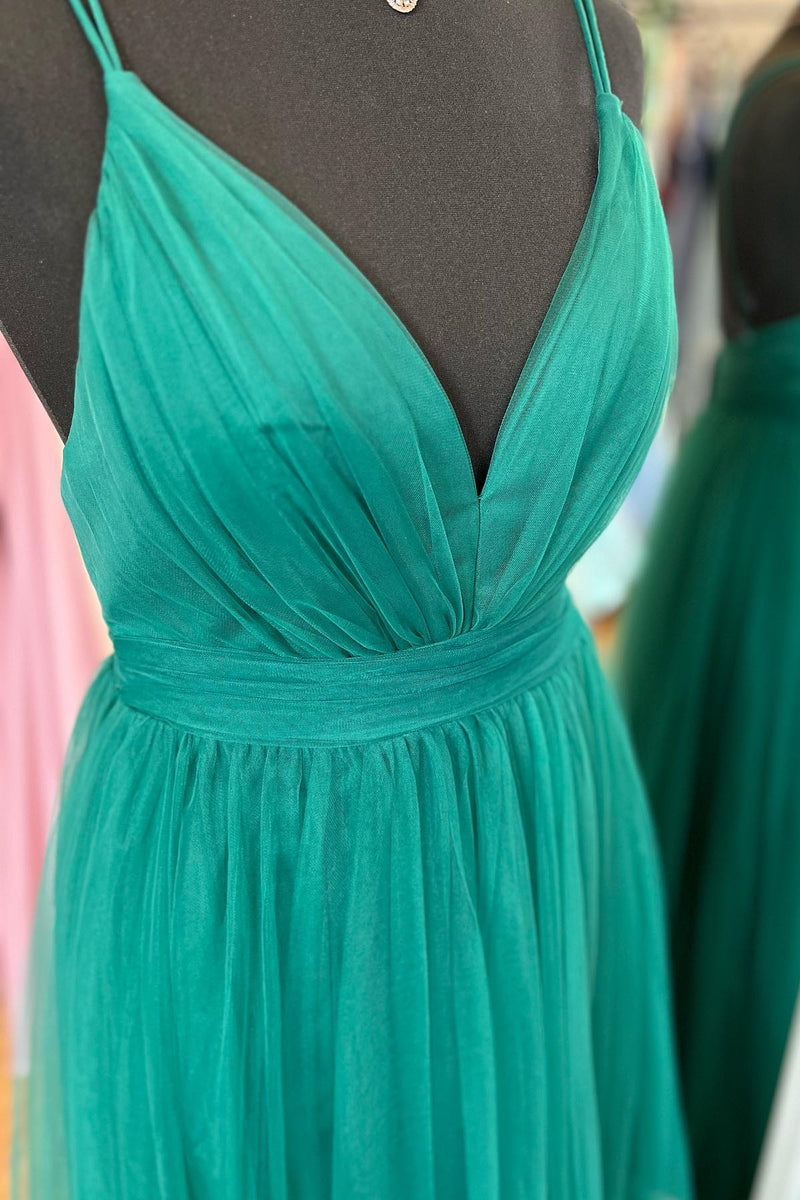 Hunter Green A-line Plunging V Neck Double Straps Pleated Long Prom Dress