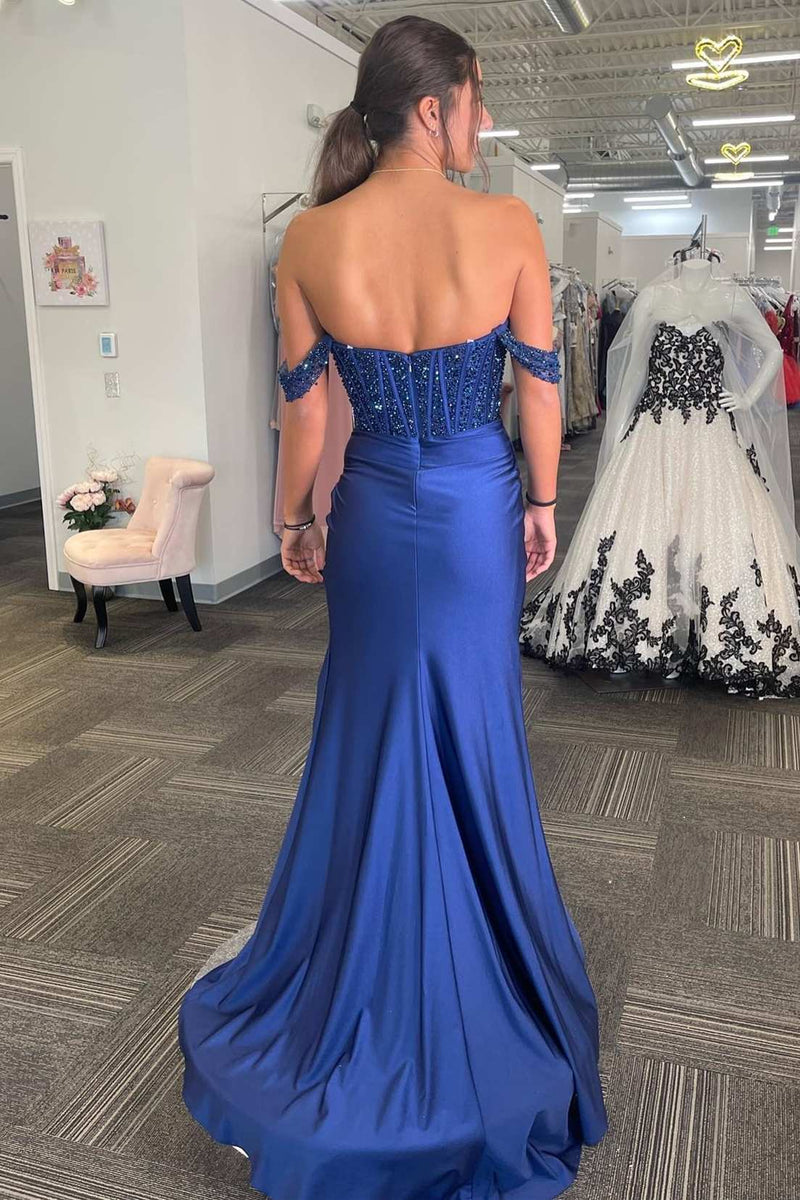 Navy Beaded Off-the-Shoulder Long Formal Dress with Slit