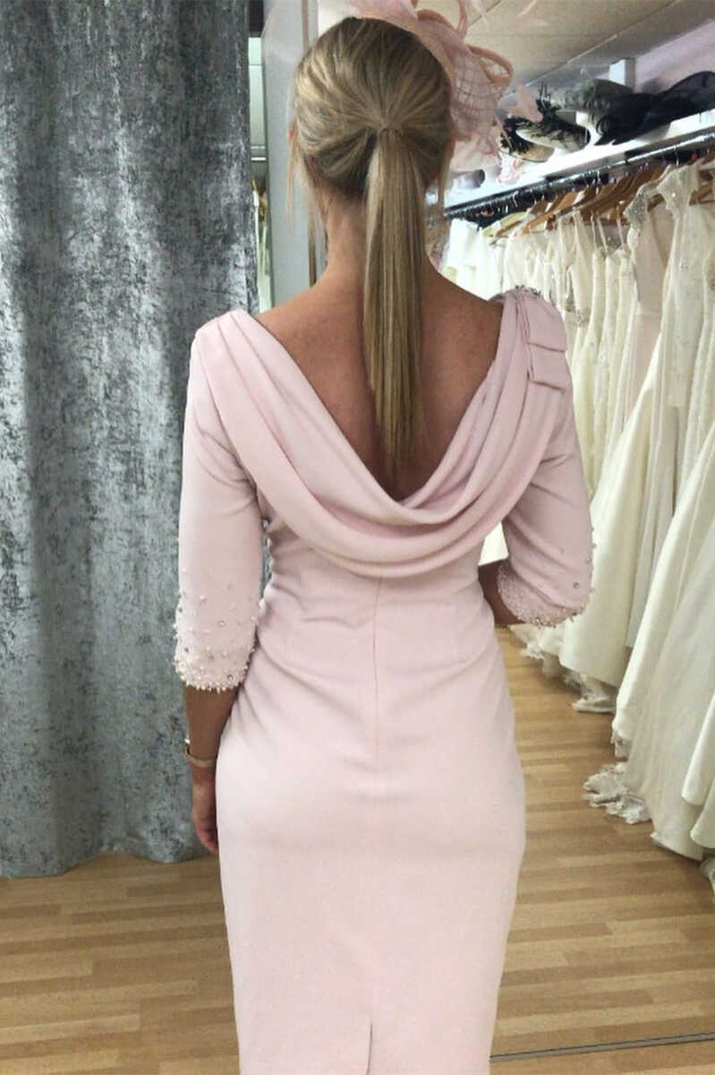 Pink Cowl Neck Half Sleeve Ruffled Short Mother of the Bride Dress