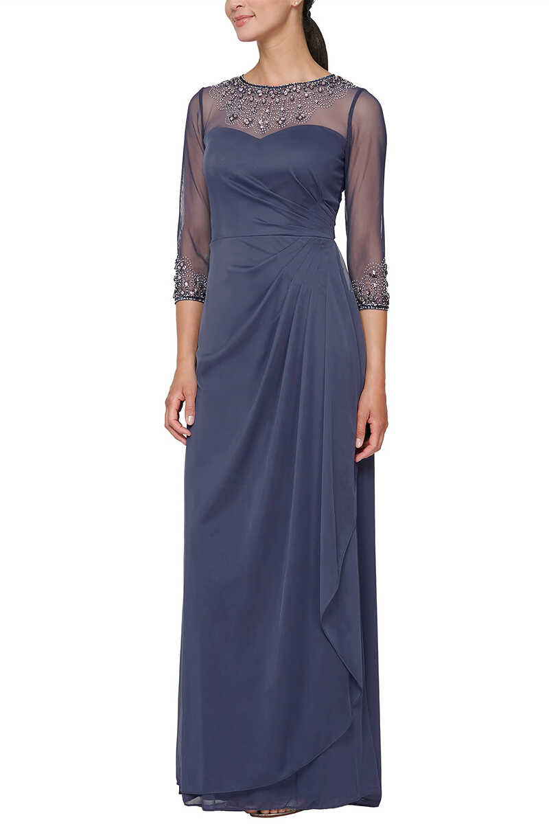 Navy Blue Crew Neck Beading Long Mother of the Bride Dress