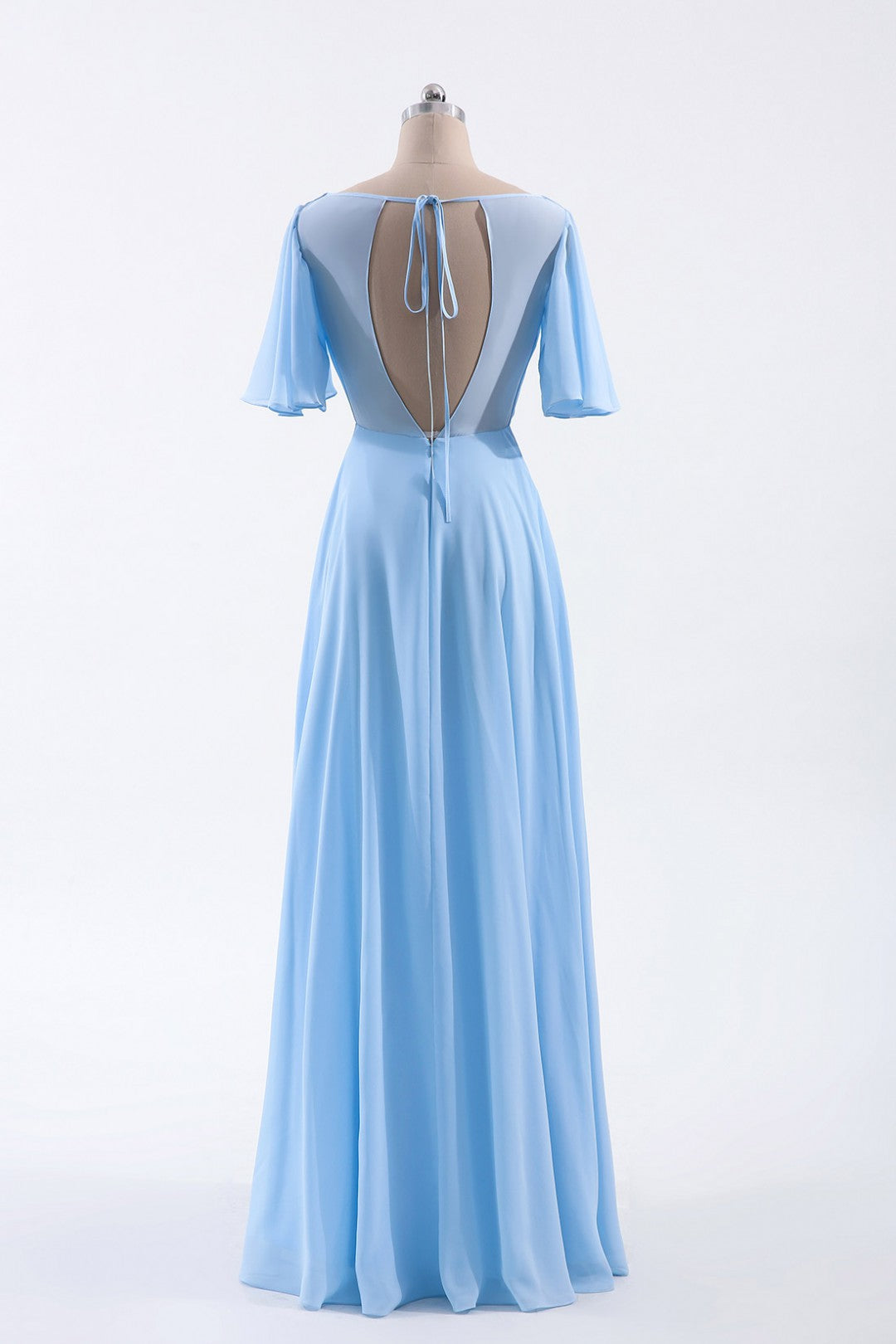 Flutter Sleeves Blue Chiffon A-line Long Bridesmaid Dress
