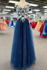 Navy Blue Floral Applique Lace-Up A-Line Long Prom Dress