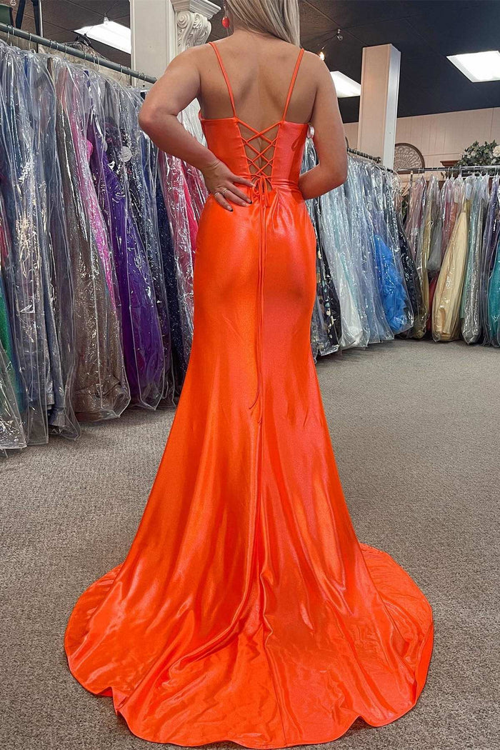 Orange Scoop Neck Lace-Up Back Mermaid Long Prom Dress with Slit