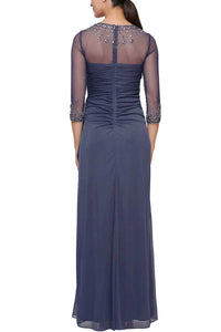 Navy Blue Crew Neck Beading Long Mother of the Bride Dress