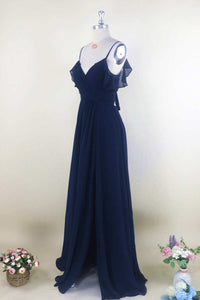 Navy Blue Chiffon Cold-Shoulder A-Line Long Bridesmaid Dress