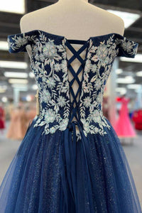 Navy Blue Floral Applique Lace-Up A-Line Long Prom Dress