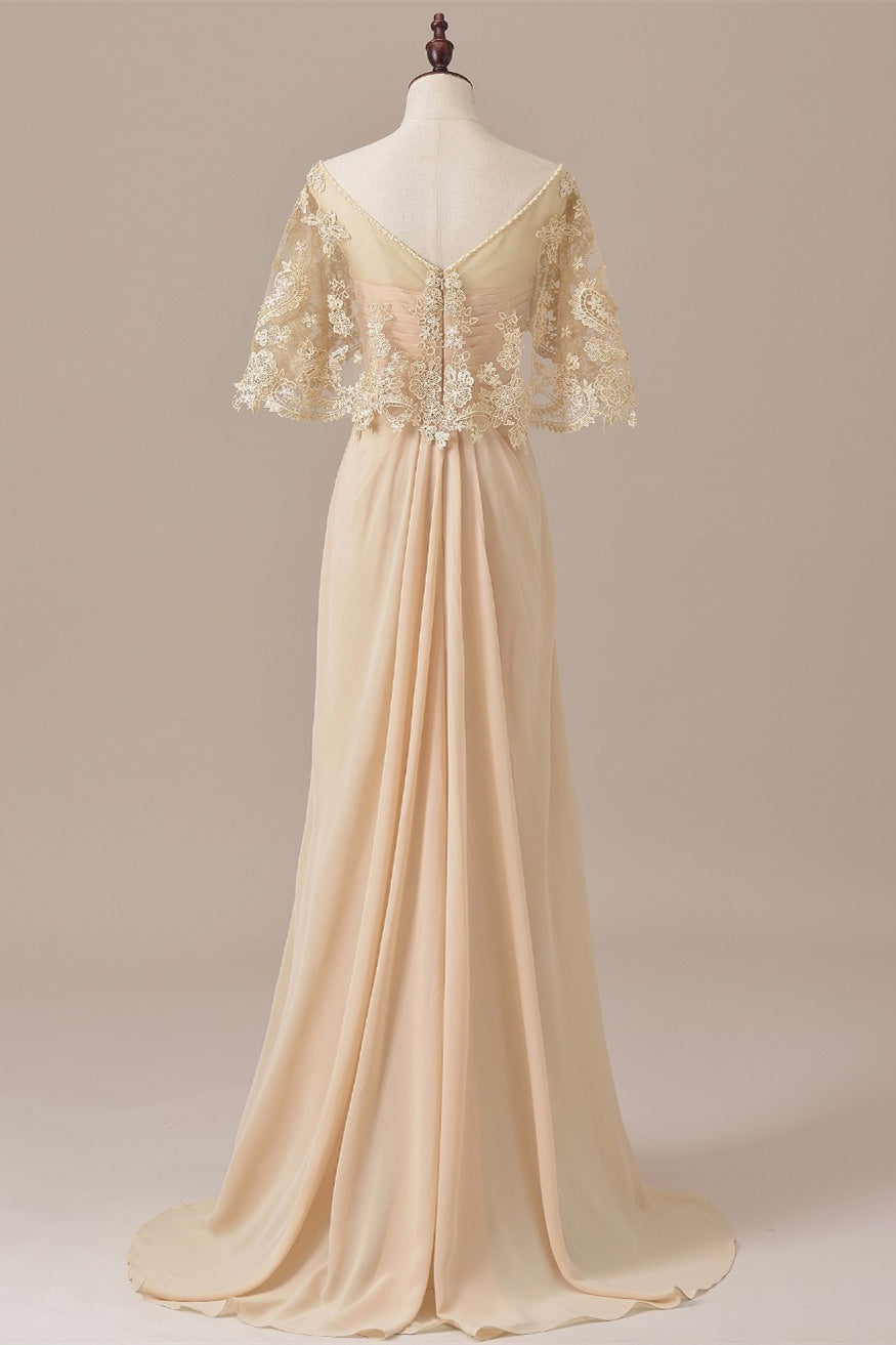 Ruffles Chiffon Long Mother of the Bride Dress with Lace Cape