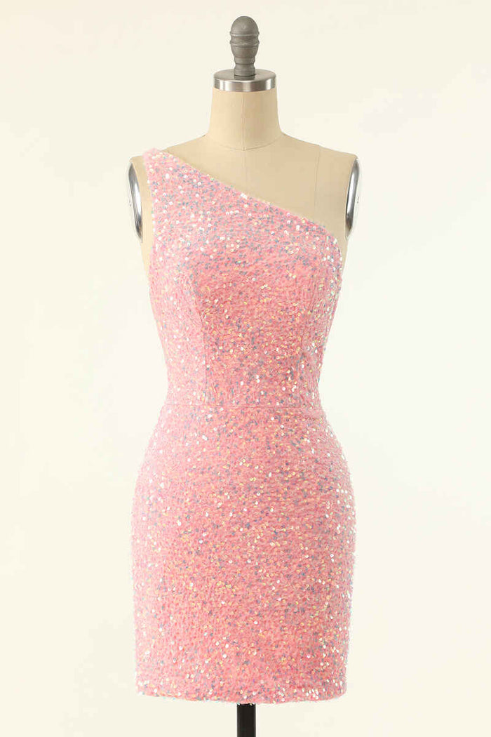 Pink Sequin One-Shoulder Backless Short Formal Dress