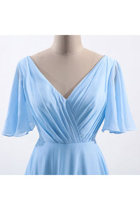 Flutter Sleeves Blue Chiffon A-line Long Bridesmaid Dress