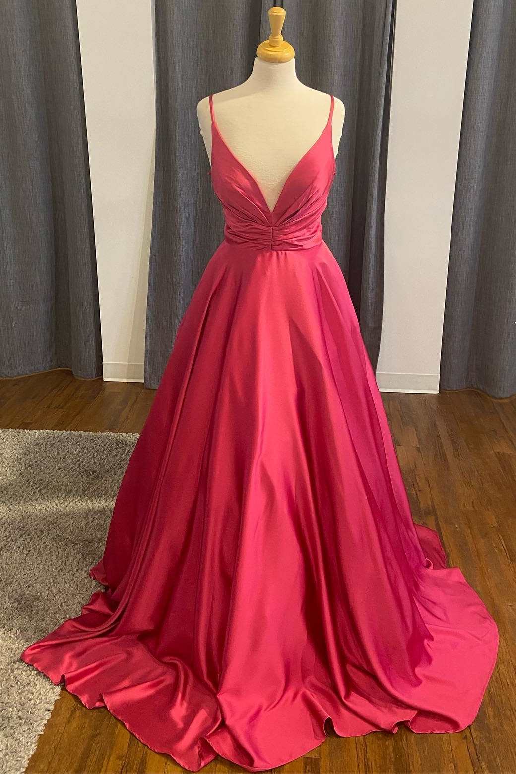 A-Line Red Satin Plunge Neck Long Formal Dress