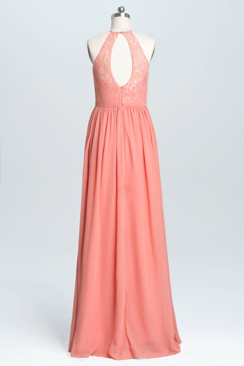 Halter Coral A-line Lace and Chiffon Long Bridesmaid Dress