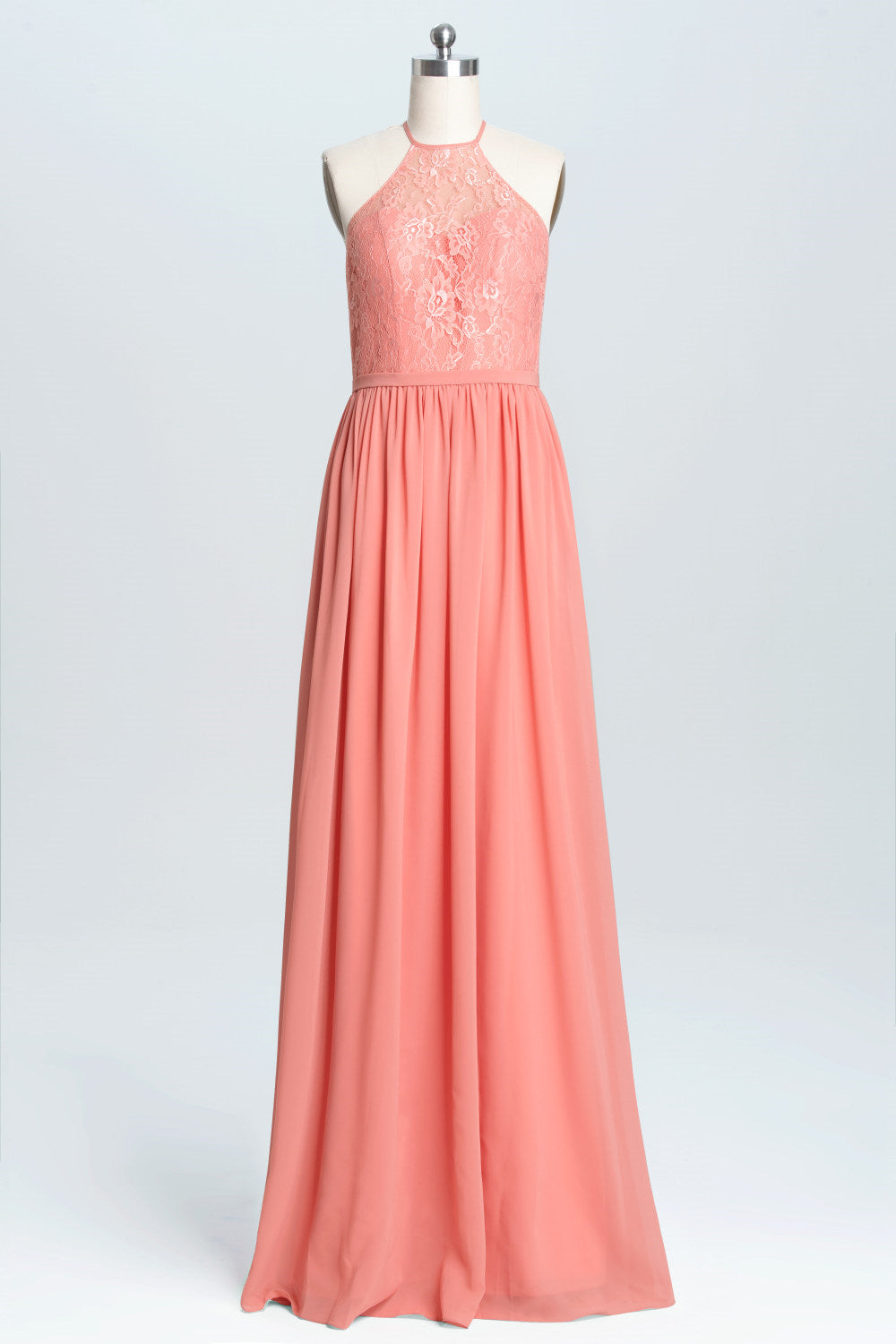 Halter Coral A-line Lace and Chiffon Long Bridesmaid Dress