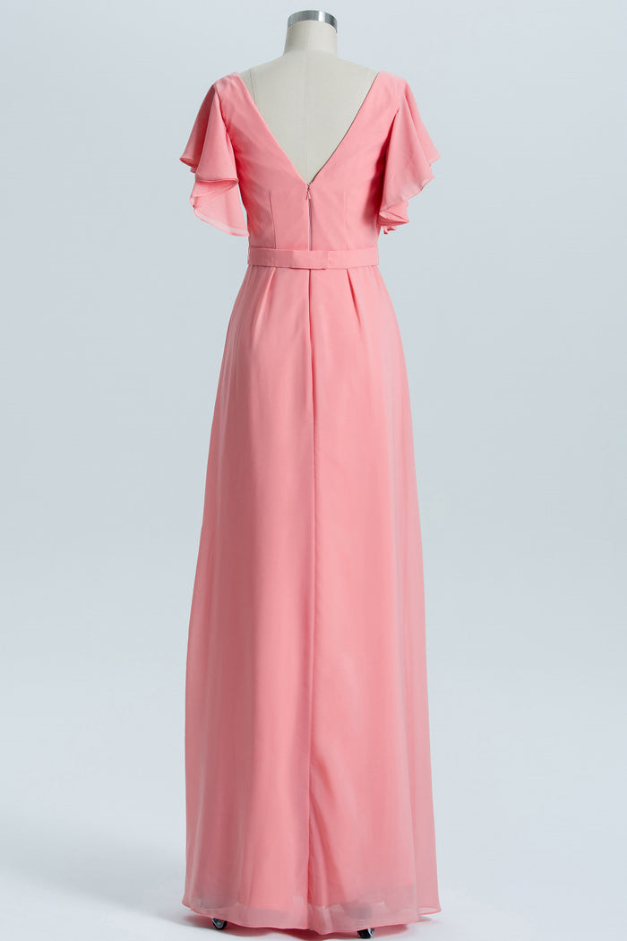 Coral A-line Flutter Sleeves Long Bridesmaid Dress