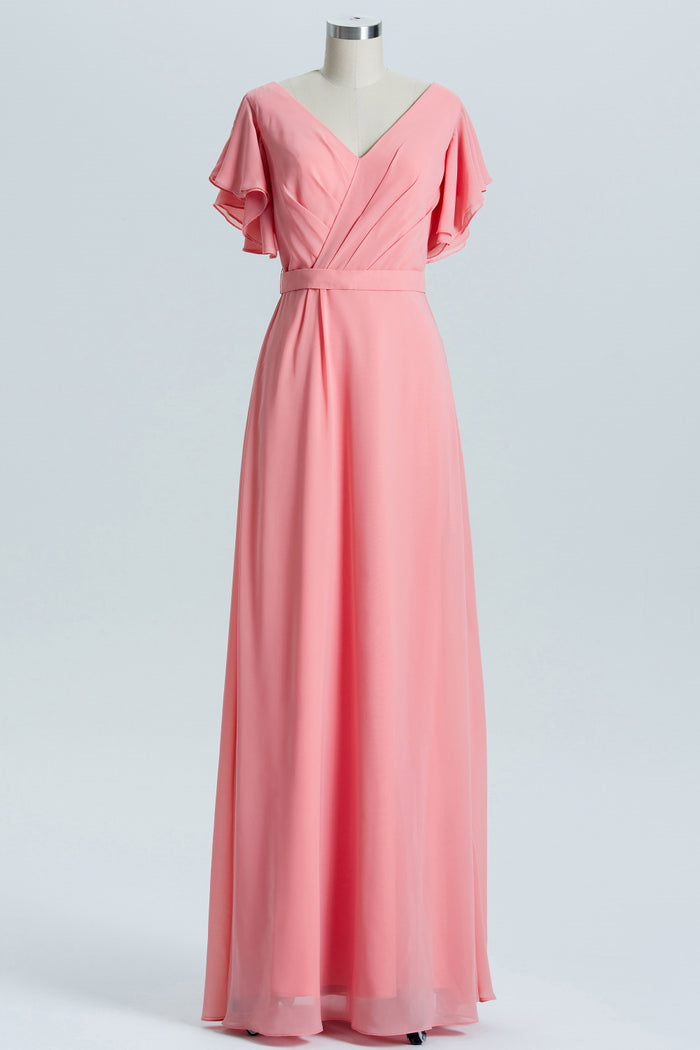 Coral A-line Flutter Sleeves Long Bridesmaid Dress