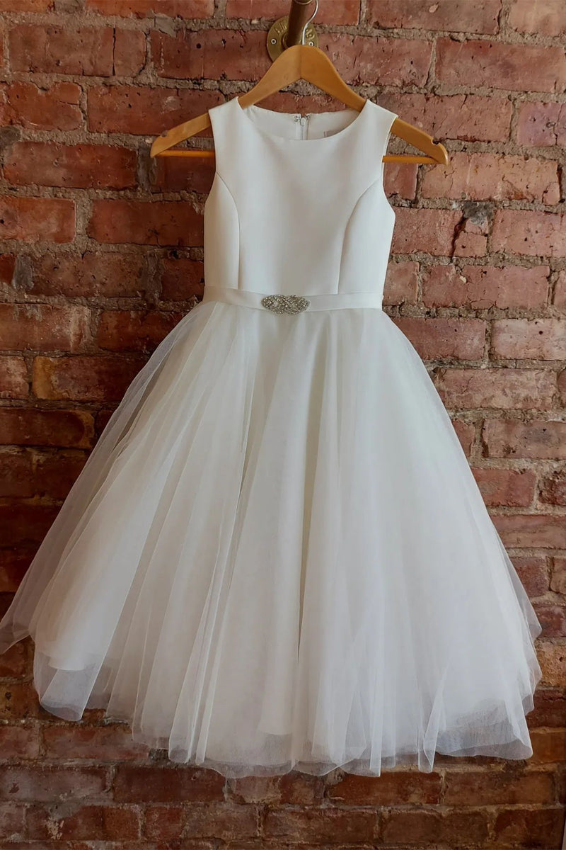 White Jewel Sleeveless Buttons Long Flower Girl Dress with Silver Adornment