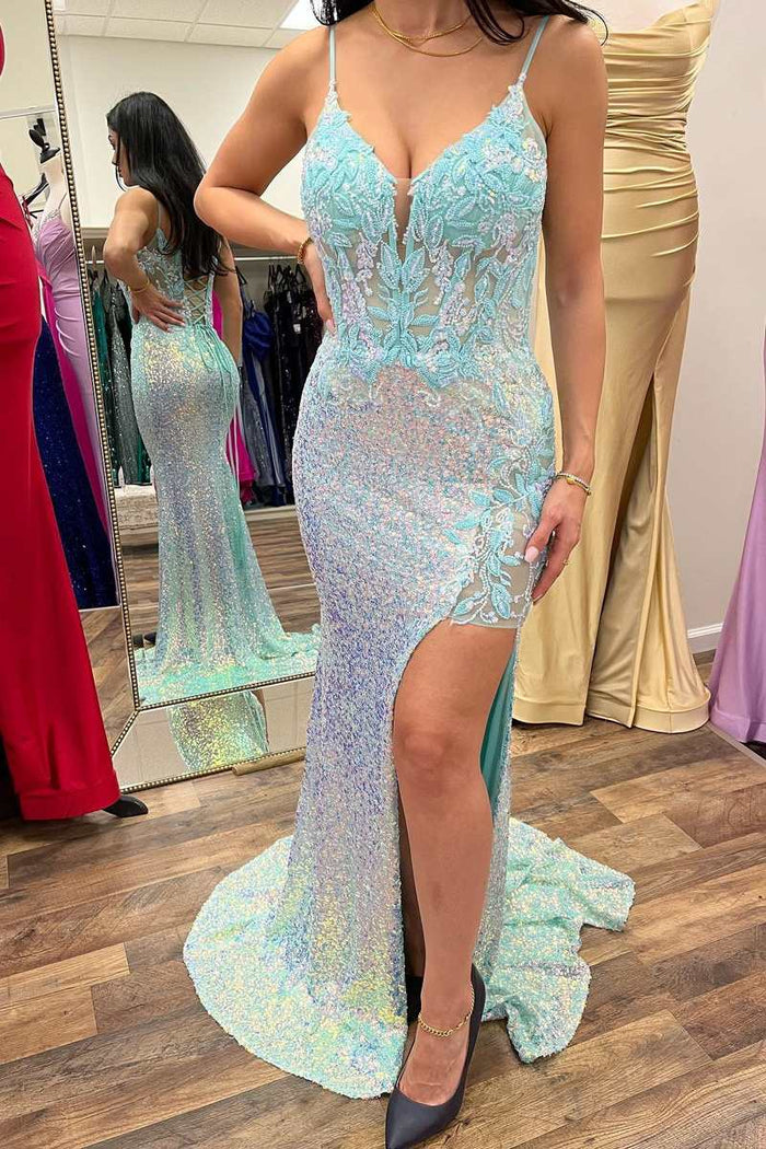 Light Blue Iridescent Sequin Floral Lace Mermaid Long Prom Dress with Slit