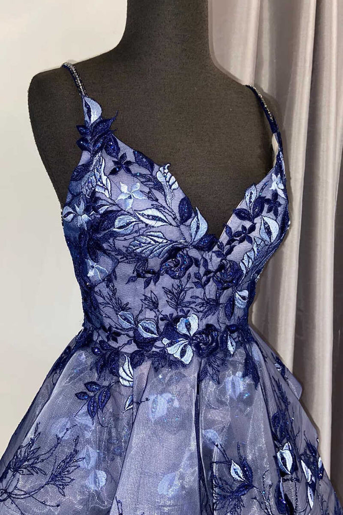 Navy Blue Floral Print A-Line Short Party Dress