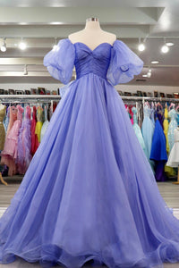Lavender Tulle A-line Off-Shoulder Puff Sleeves Pleated Long Prom Dress