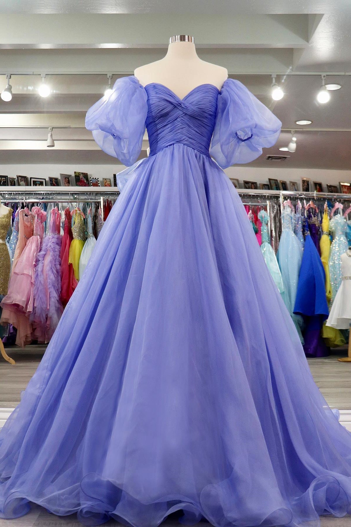 Lavender Tulle A-line Off-Shoulder Puff Sleeves Pleated Long Prom