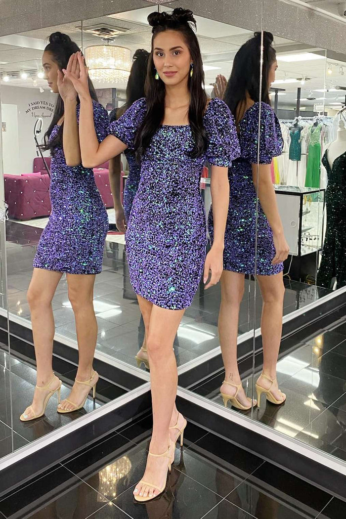 Purple Sequins Square Neck Puff Sleeve Short Party Dress