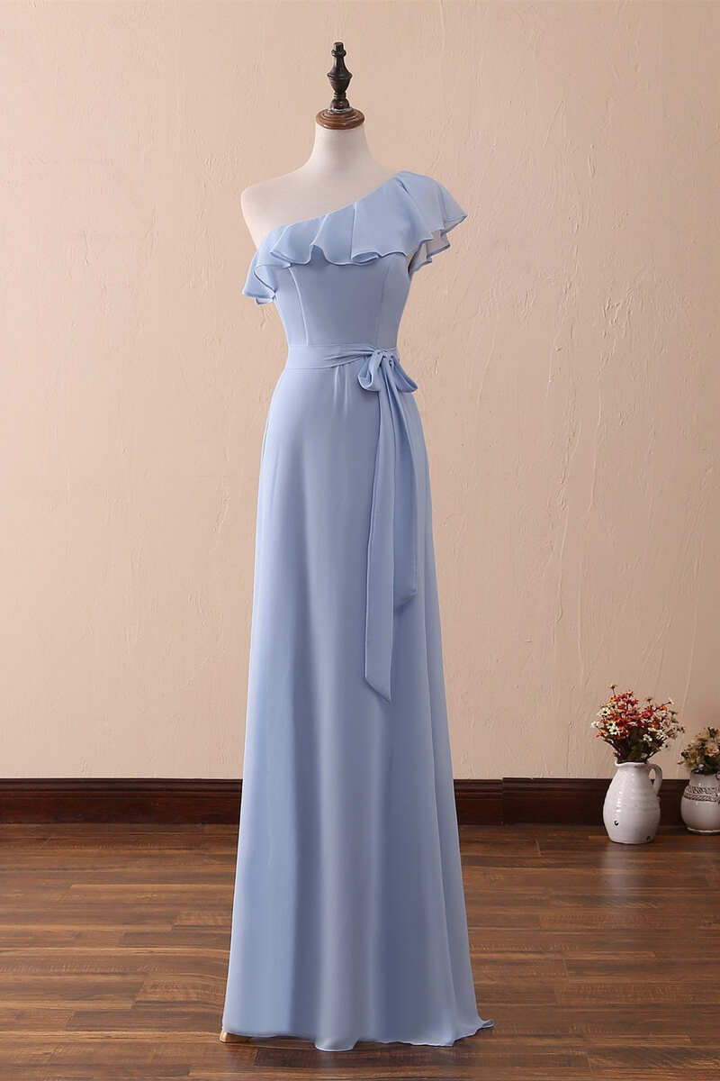 Periwinkle One-Shoulder Ruffled A-Line Long Bridesmaid Dress