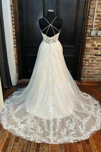 White Lace V-Neck Backless A-Line Long Wedding Dress