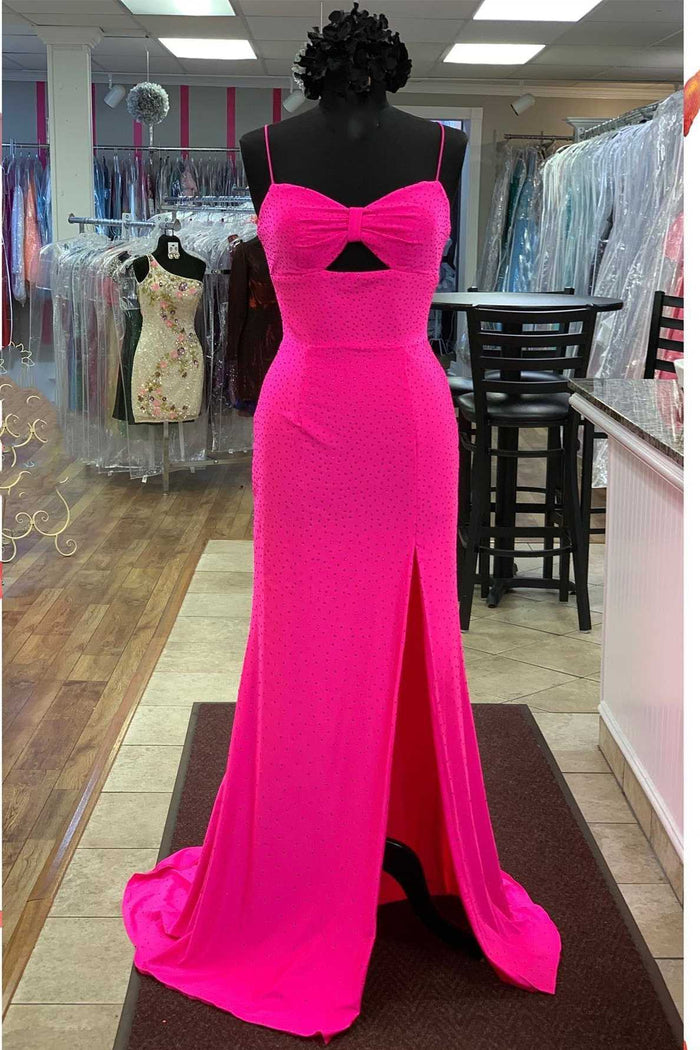 Hot Pink Beaded Keyhole Straps Mermaid Long Formal Dress with Slit