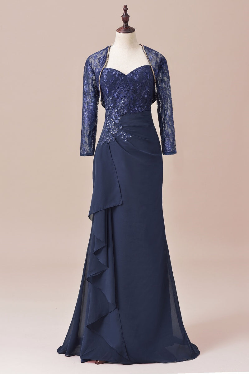 Navy Blue Two-Piece Sweetheart Ruffled Long Mother of the Bride Dress