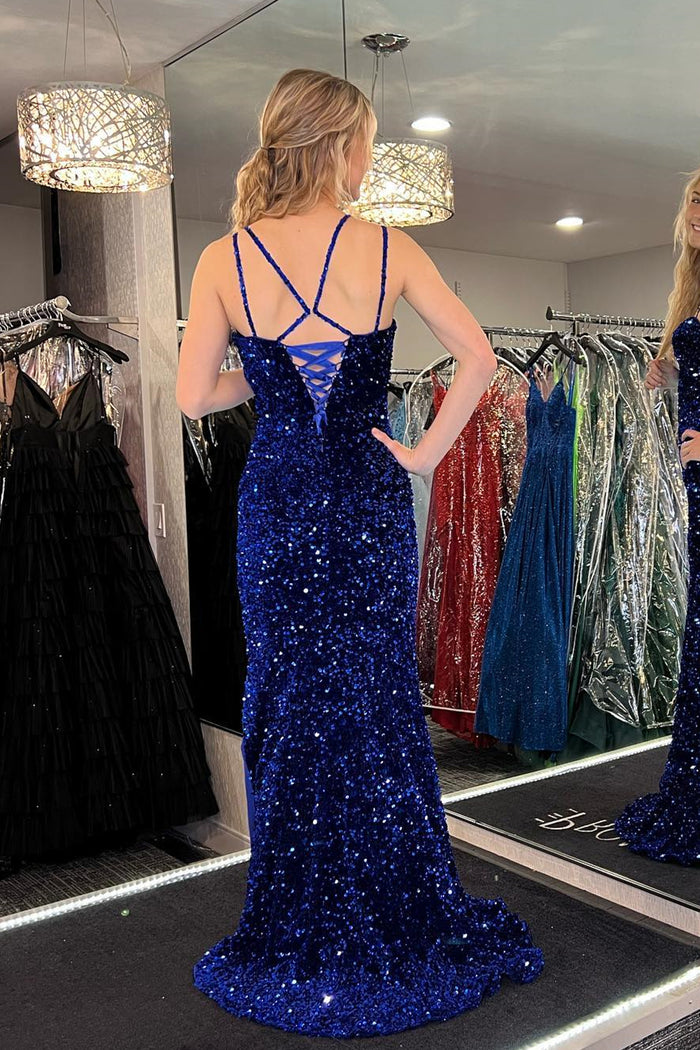 Royal Blue Mermaid Straps Sequins Long Prom Dress with Slit
