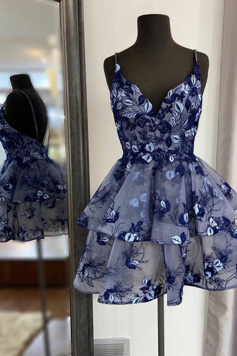 Navy Blue Floral Print A-Line Short Party Dress