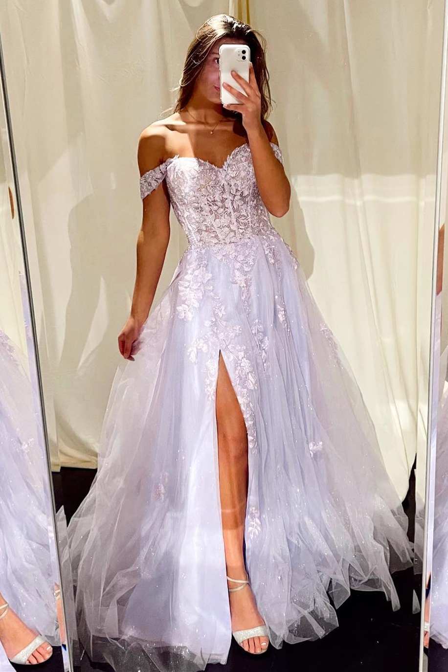 White lace off discount the shoulder prom dress