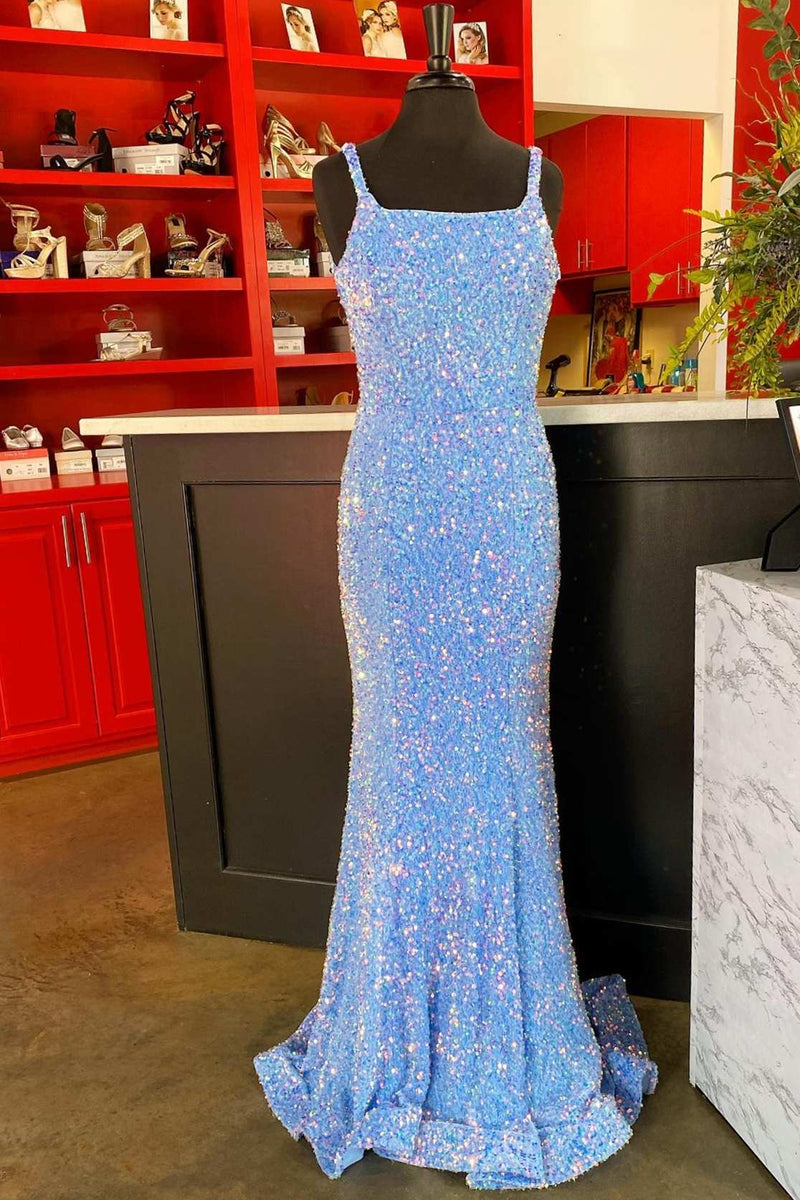 Blue Iridescent Sequin Straps Backless Mermaid Long Prom Dress