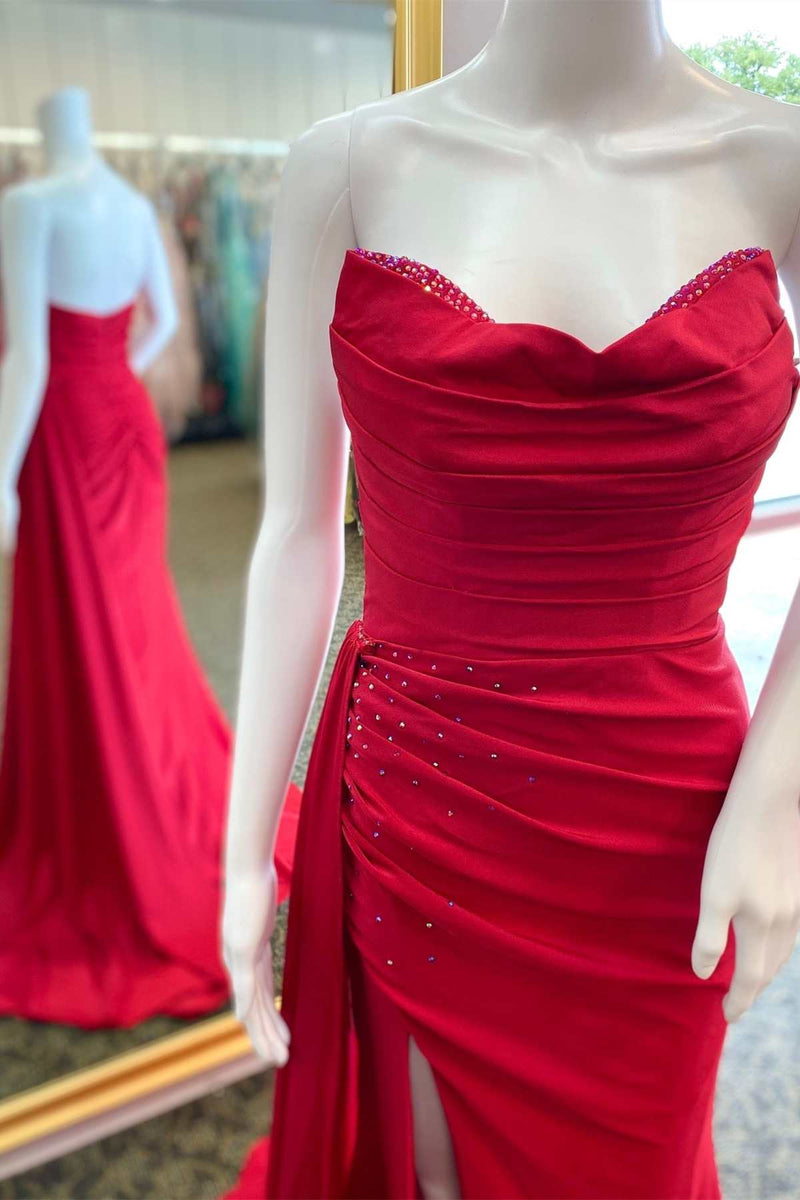 Red Beaded Strapless Mermaid Long Dress with Attached Train