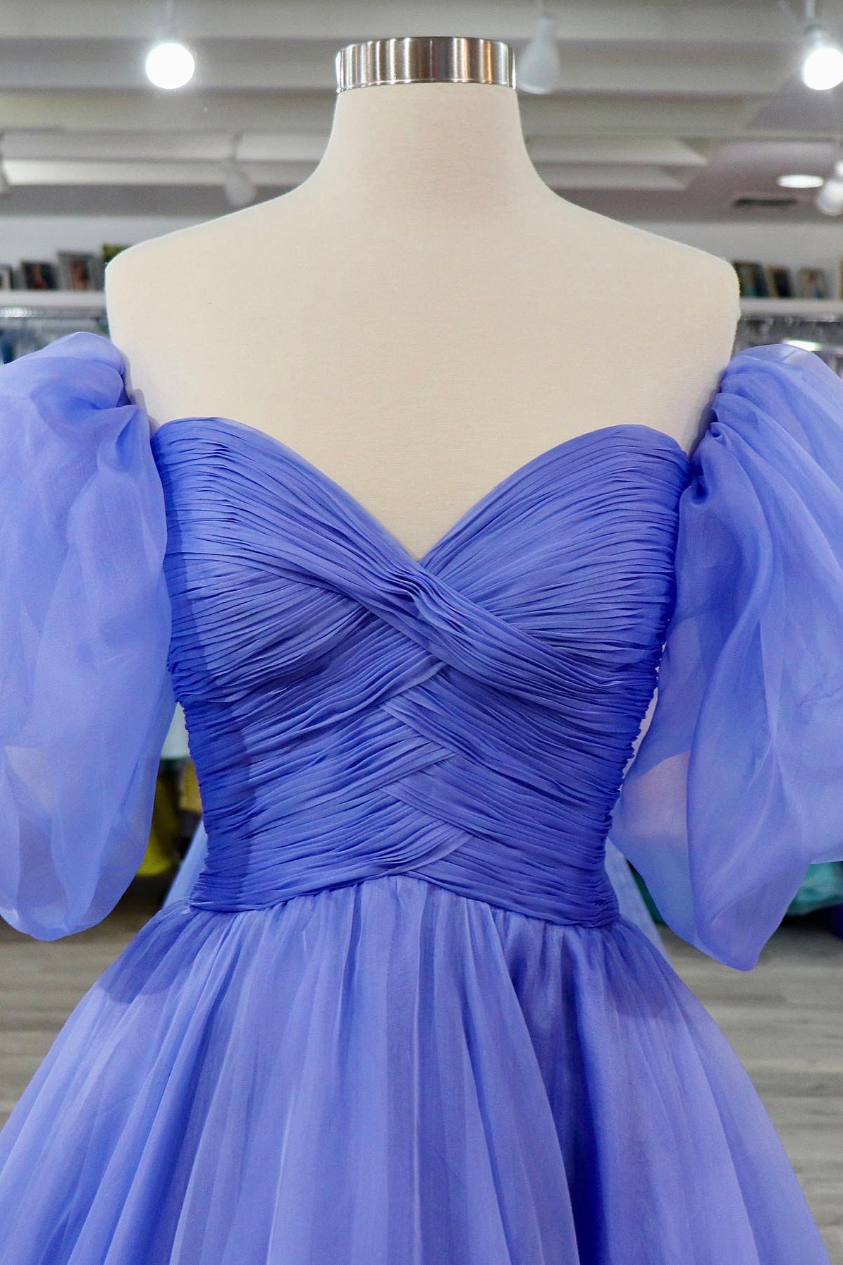 Lavender Tulle A-line Off-Shoulder Puff Sleeves Pleated Long Prom Dress