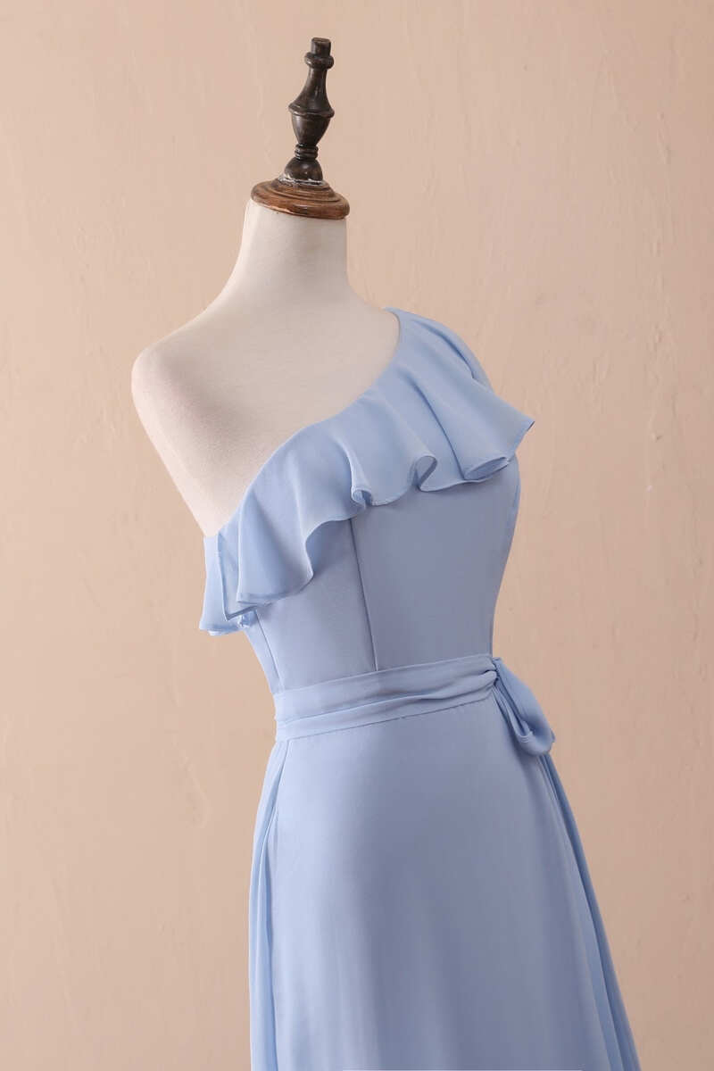 Periwinkle One-Shoulder Ruffled A-Line Long Bridesmaid Dress