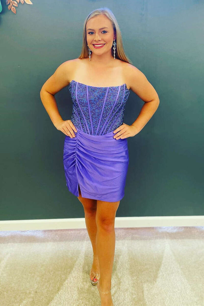 Royal Blue Beaded Strapless Ruched Short Cocktail Gown