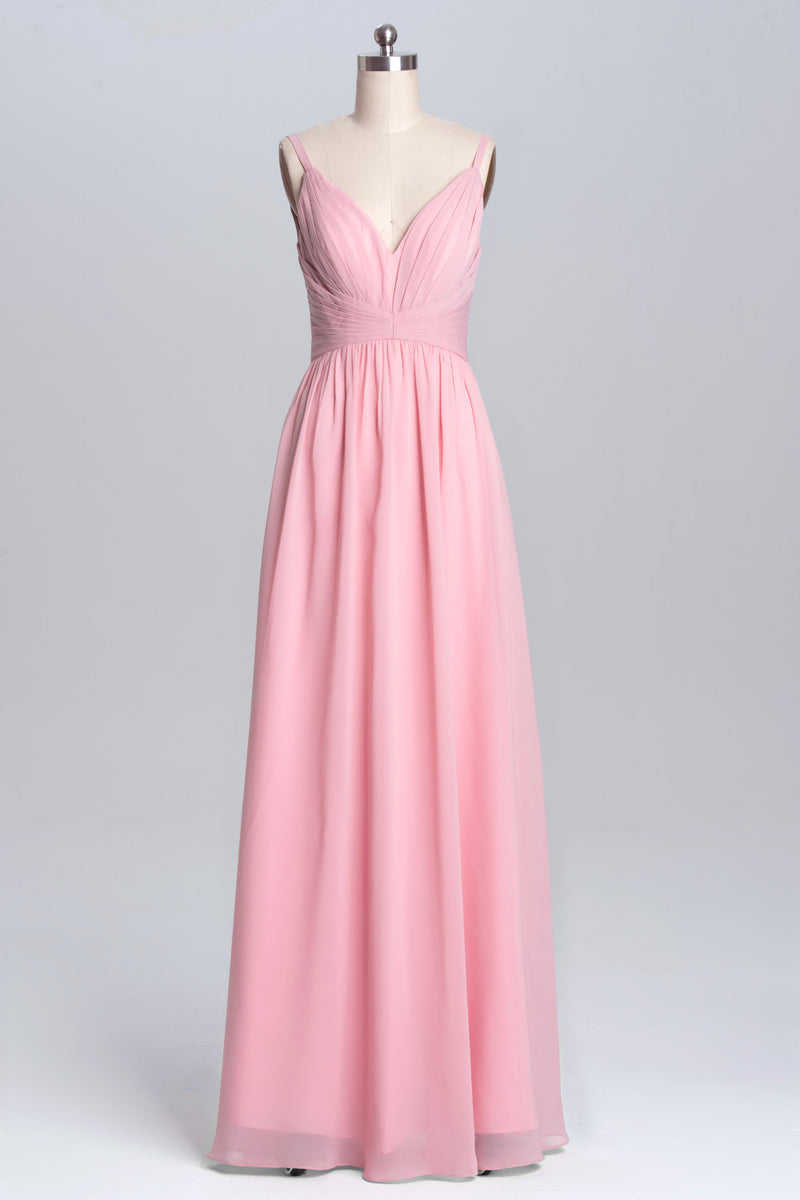 Pink Straps A-line Pleated Long Bridesmaid Dress