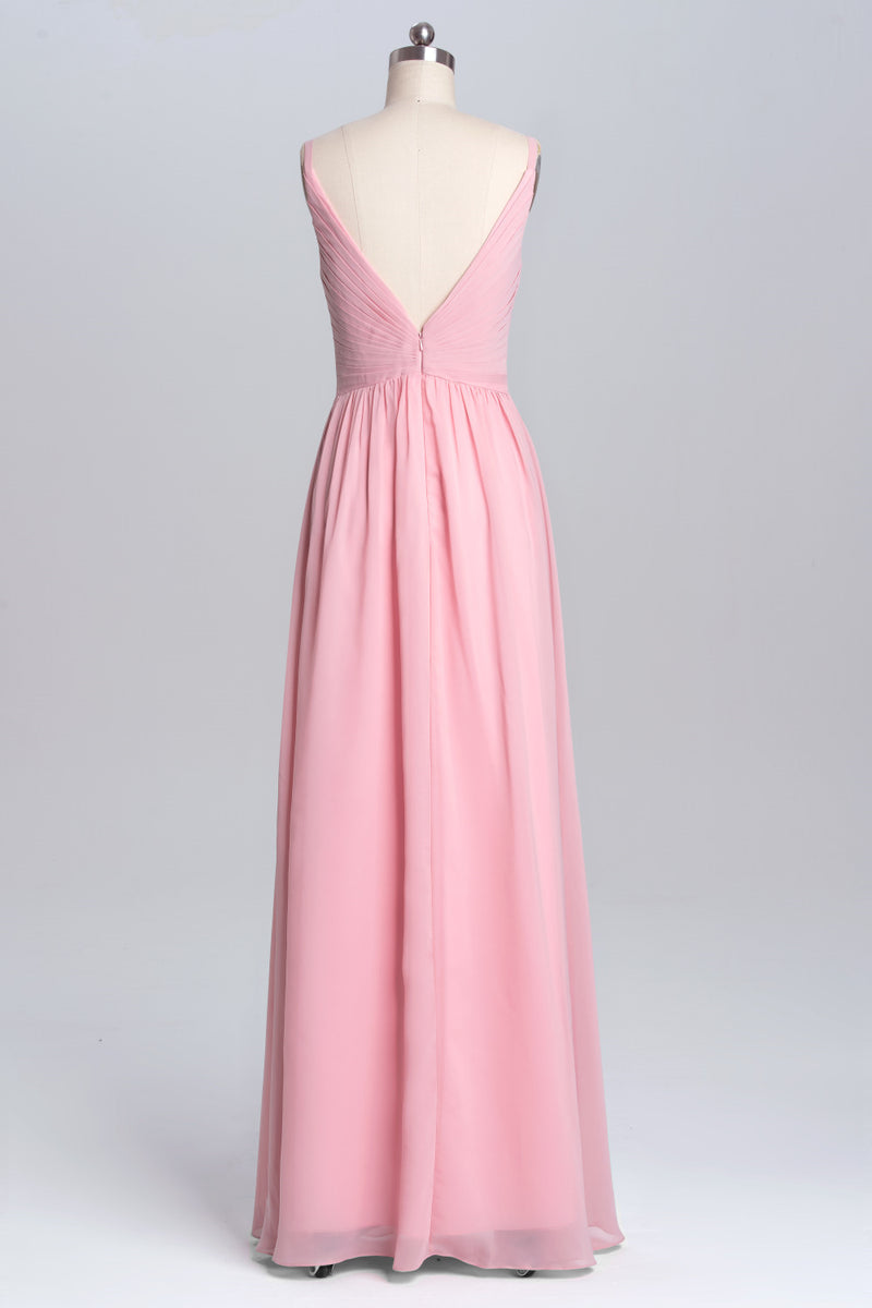 Pink Straps A-line Pleated Long Bridesmaid Dress