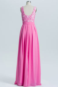 Pink A-line Lace and Chiffon Long Bridesmaid Dress