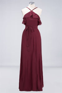 Straps Burgundy Ruffles A-line Long Bridesmaid Dress