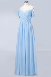 Blue Off the Shoulder Pleated Chiffon Long Bridesmaid Dress