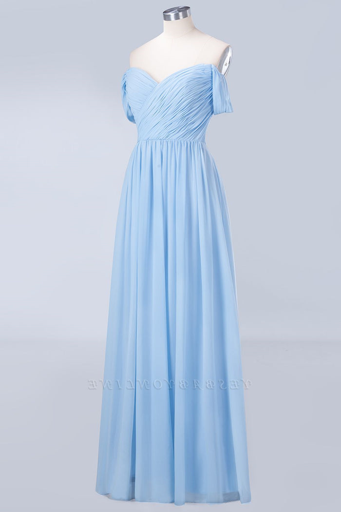 Blue Off the Shoulder Pleated Chiffon Long Bridesmaid Dress