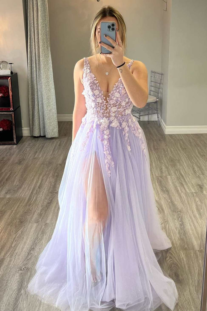 Lilac Tulle 3D Floral Lace A-Line Prom Gown with Slit
