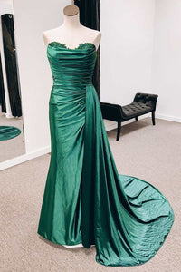 Green Satin Strapless Long Formal Dress with Attached Train